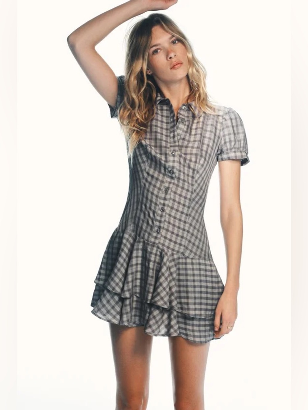Zara Plaid Ruffled Drop Waist Mini Dress Gray Button Front M NWT
